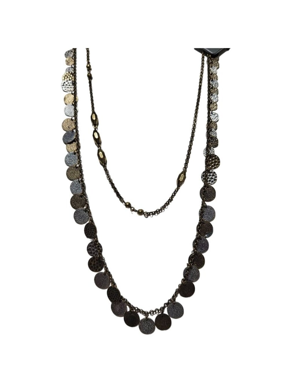 Tripled Toned Dual Strand Necklace Gold Silver Bronze Coin Pendant Statement